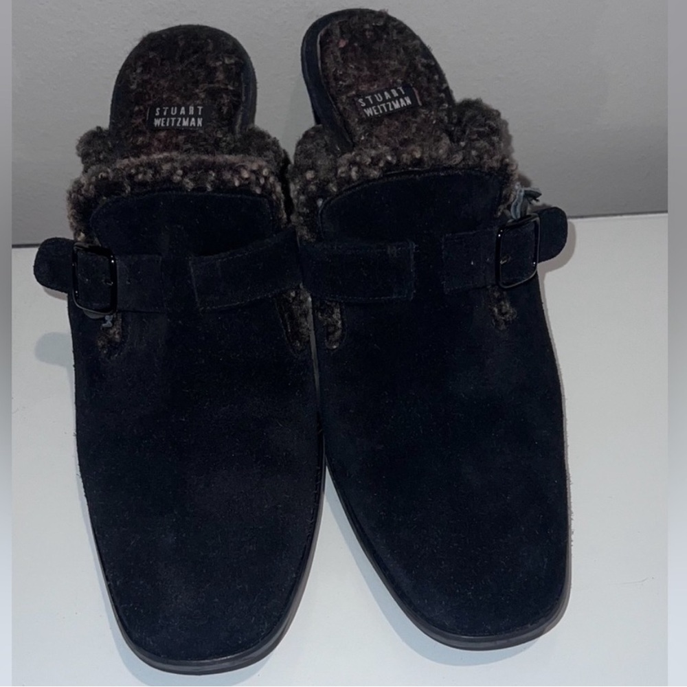 Stuart Weitzman fleece lined black suede mule